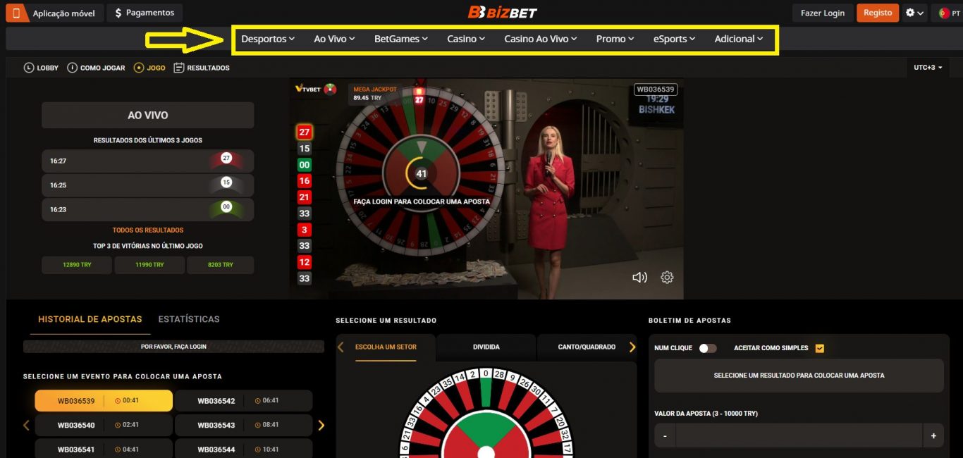 Linha Bizbet online betting no sítio da casa de apostas