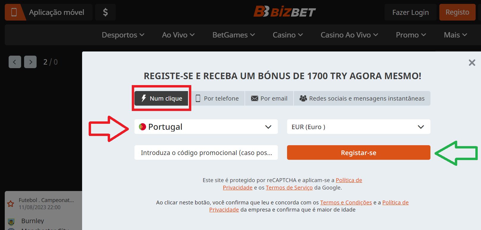 Bizbet Portugal registro em 1 clique