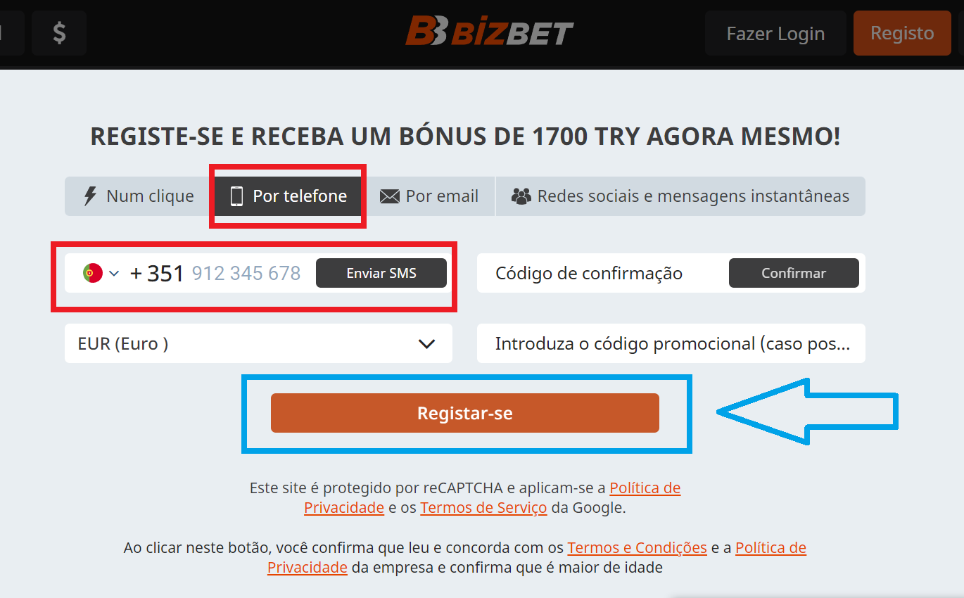 Bizbet Portugal registro por número de telefone
